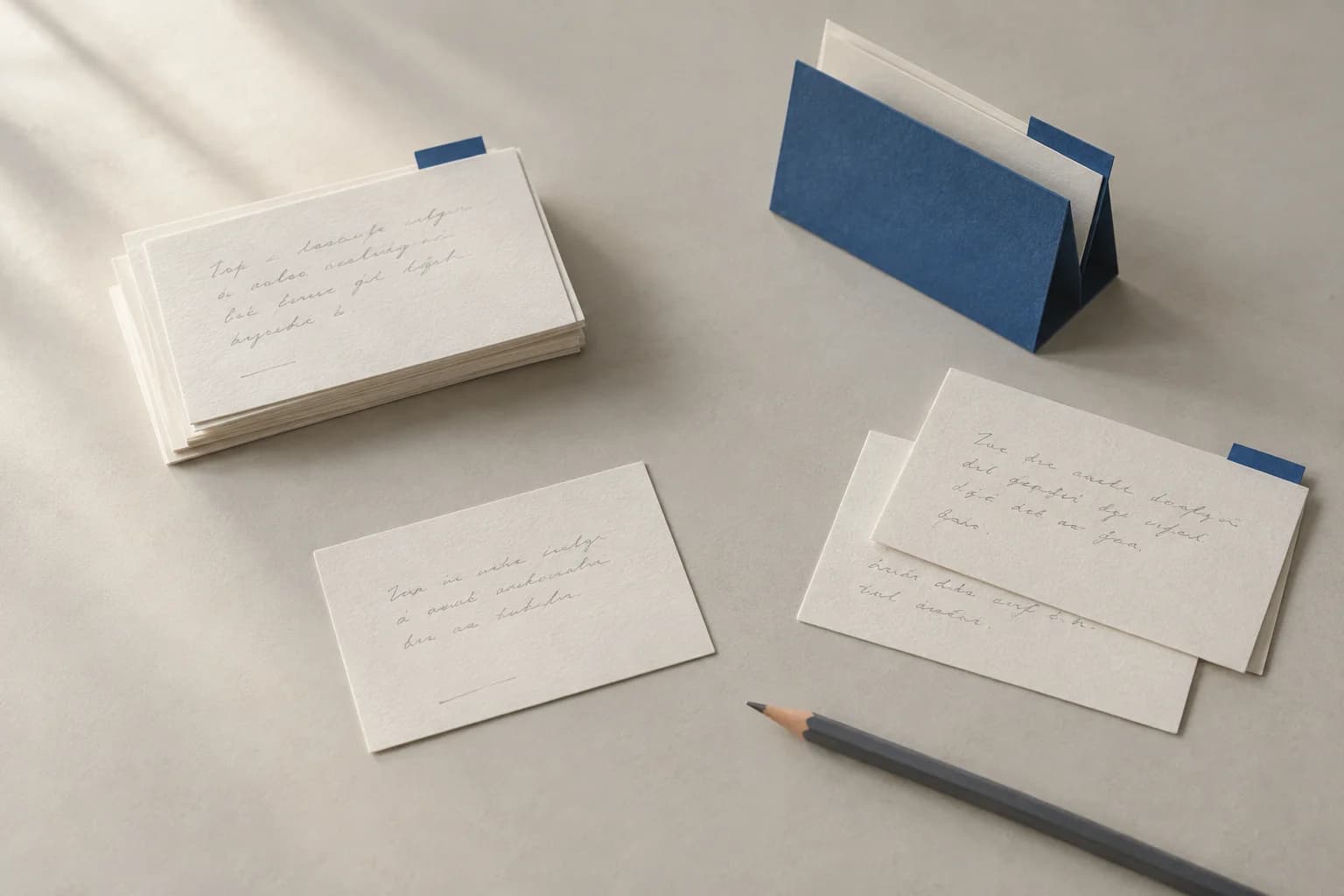Paper notes organized with blue dividers on a quiet desk